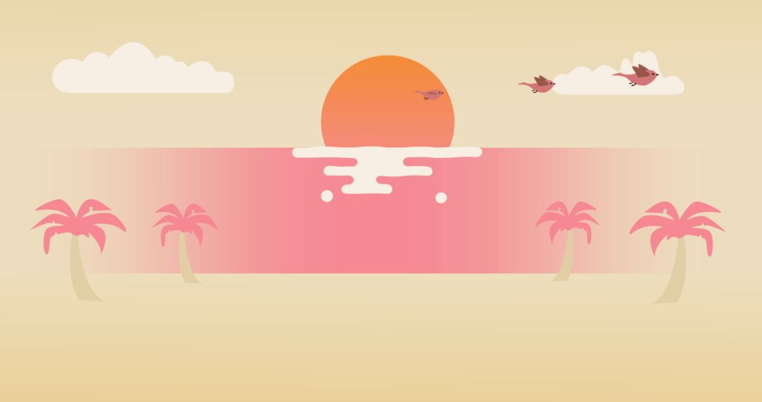 Abstract Sunset Over Ocean with Palm Trees and Clouds