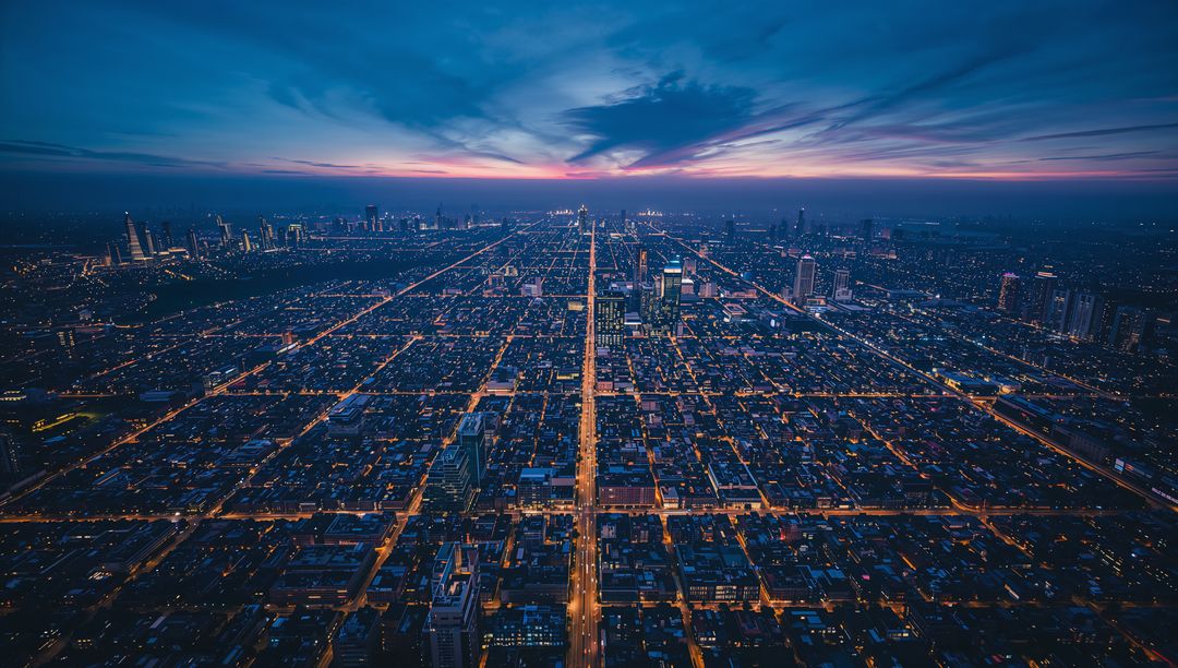 Dramatic aerial city grid at dusk with glowing central boulevard leading to skyline