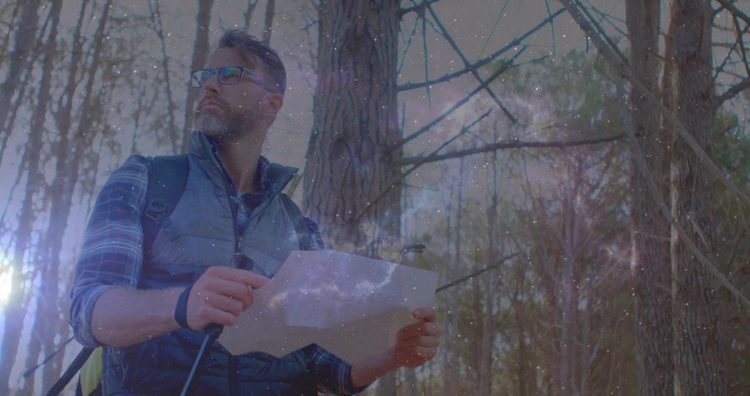 Bearded Hiker with Map Trekking Through Mystical Pine Forest