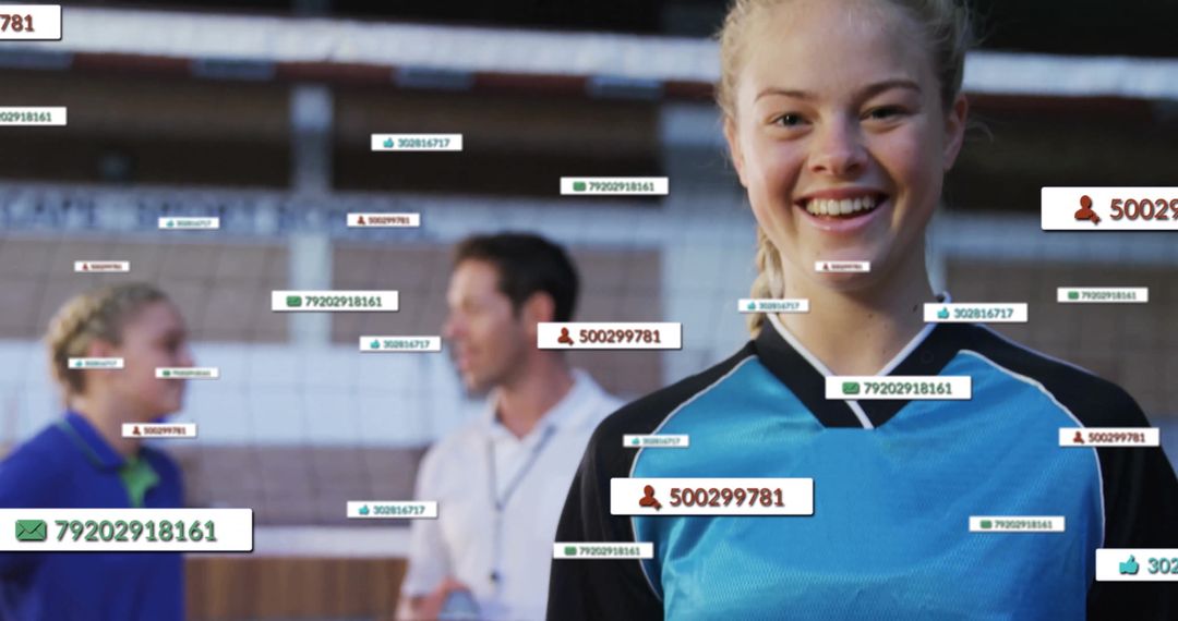 Smiling Volleyball Player in Gym with Digital Overlays of IDs
