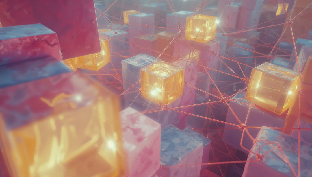 Glowing Amber Cubes Interconnected in Futuristic 3D Space