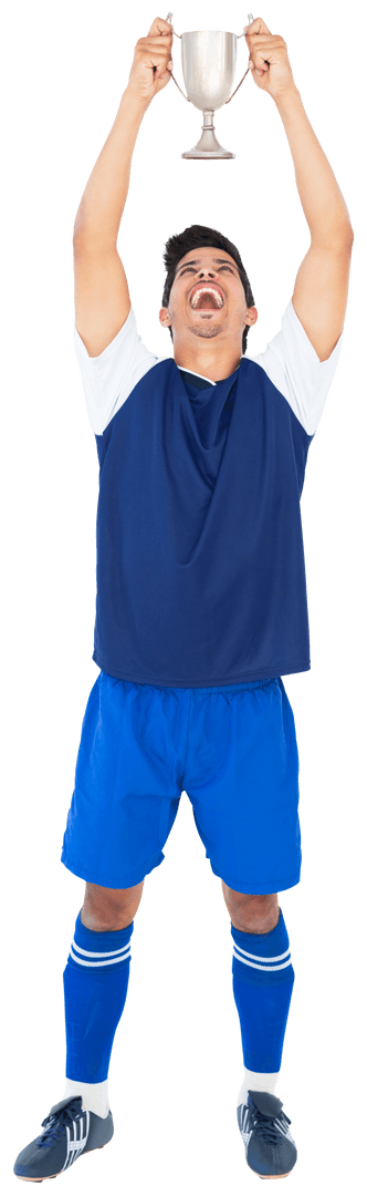 Joyful Football Player Holding Trophy and Celebrating Victory