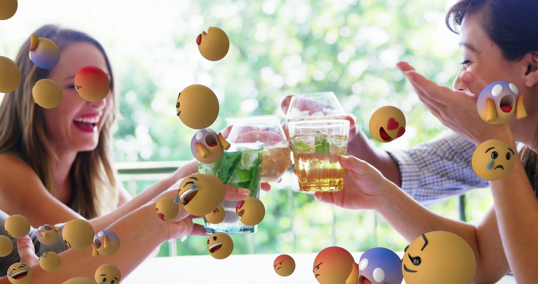 Digital World Blend: Friends Toasting with Emoji Overlays