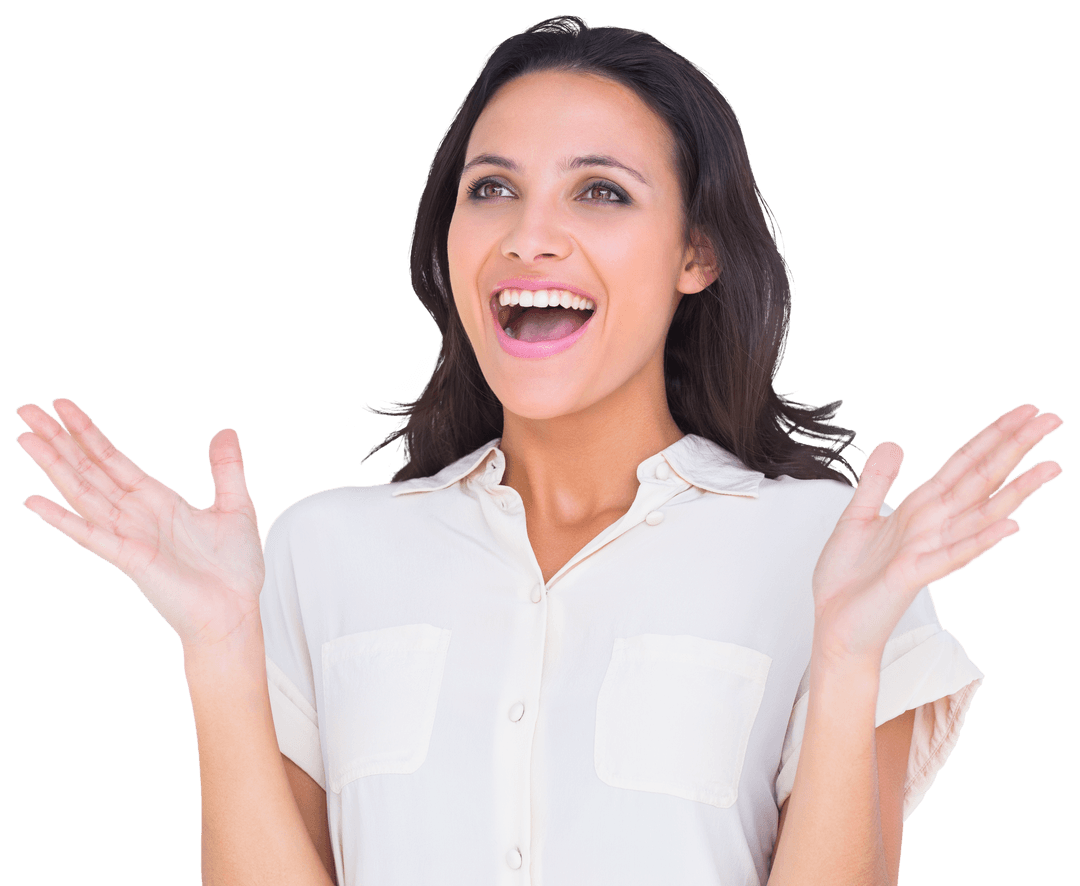 Joyful Brunette Woman Expressing Surprise with Hands Raised on Transparent Background