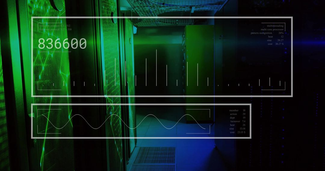 Futuristic Data Center Corridor with Digital HUD Overlay
