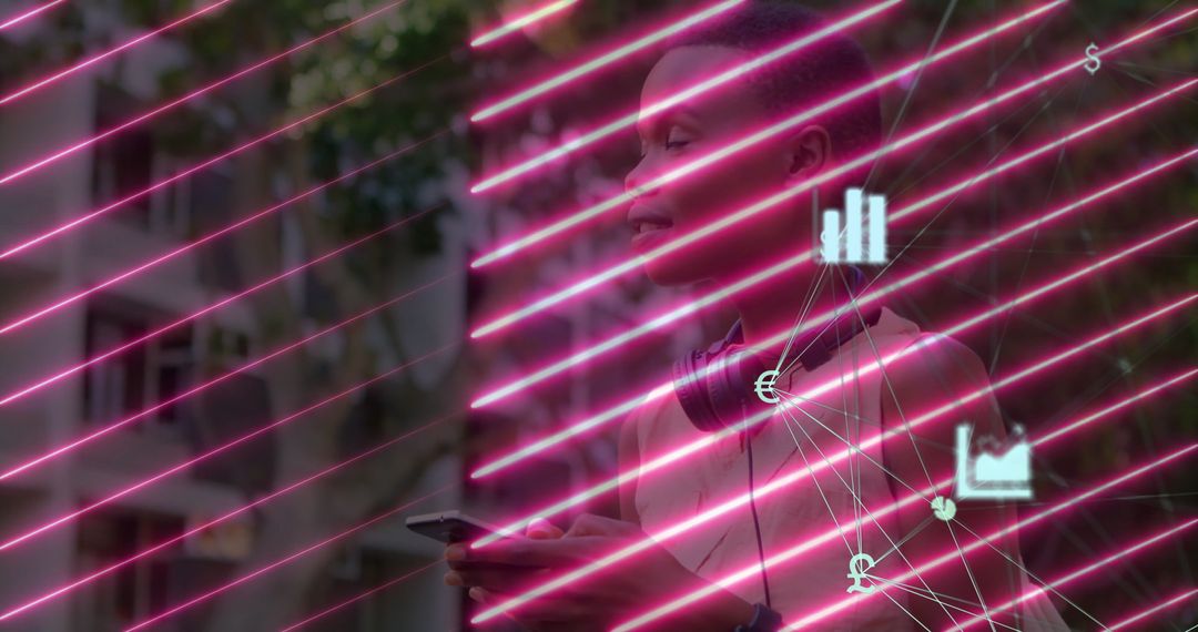 Young Woman Engages with Mobile Tech in Urban Neon