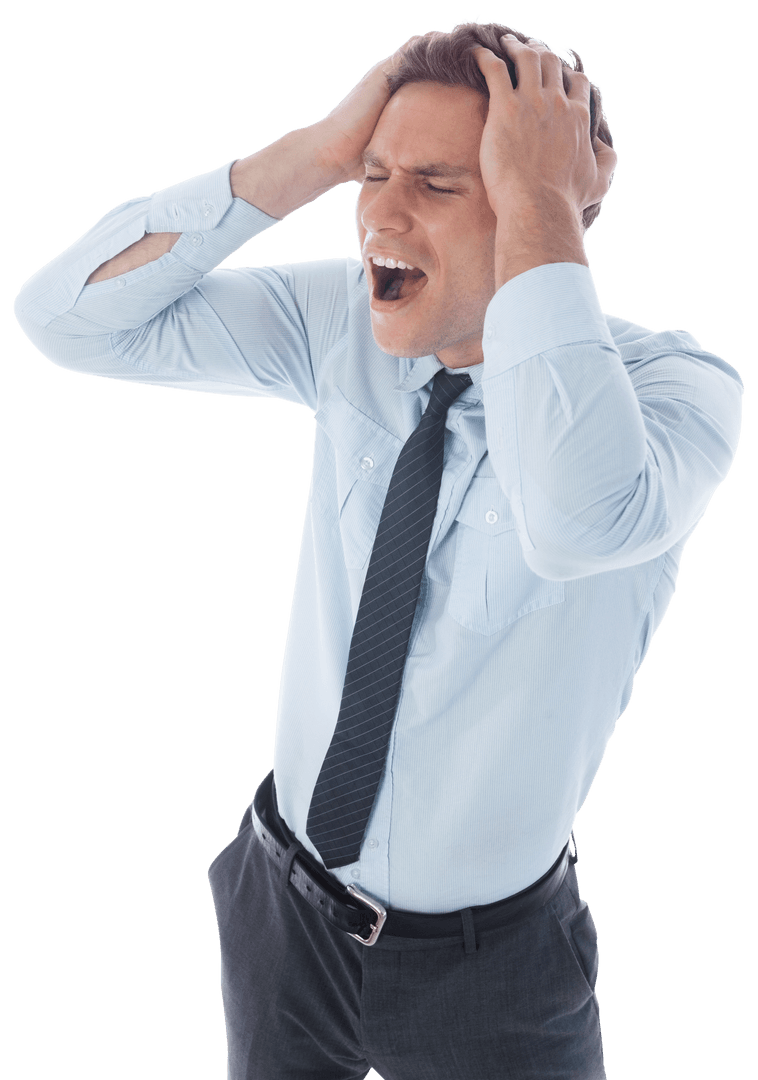 Transparent stressed businessman with hands on head screaming
