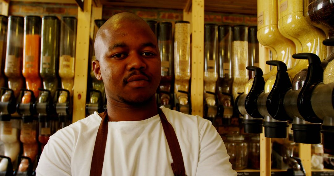 Confident Supermarket Employee in Bulk Food Section