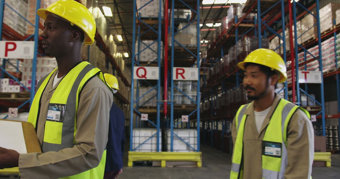 Two diverse male warehouse workers wearing hard hats, holding clipboard and walking in warehouse - Free Images, Stock Photos and Pictures on Pikwizard.com