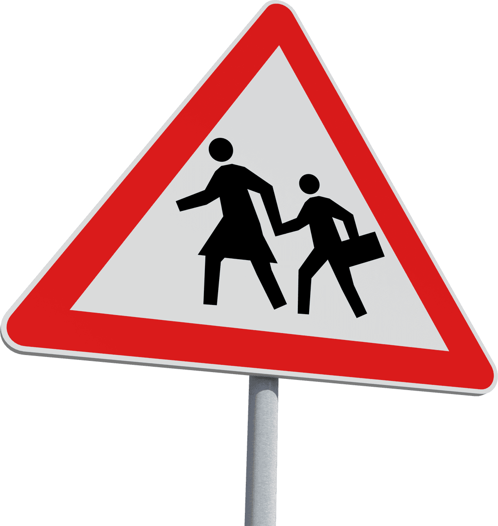 Pedestrian Crossing Red Triangle Warning Sign on Transparent Background
