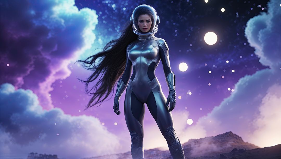 Female Astronaut on Alien Planet Under Starlit Sky