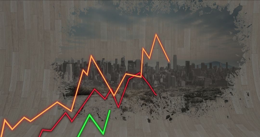 Abstract City with Rising Line Graphs on Curved Wooden Surface