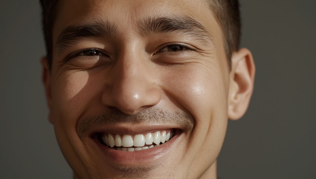 Close-Up of Smiling Hispanic Man with Stubble in Gentle Light