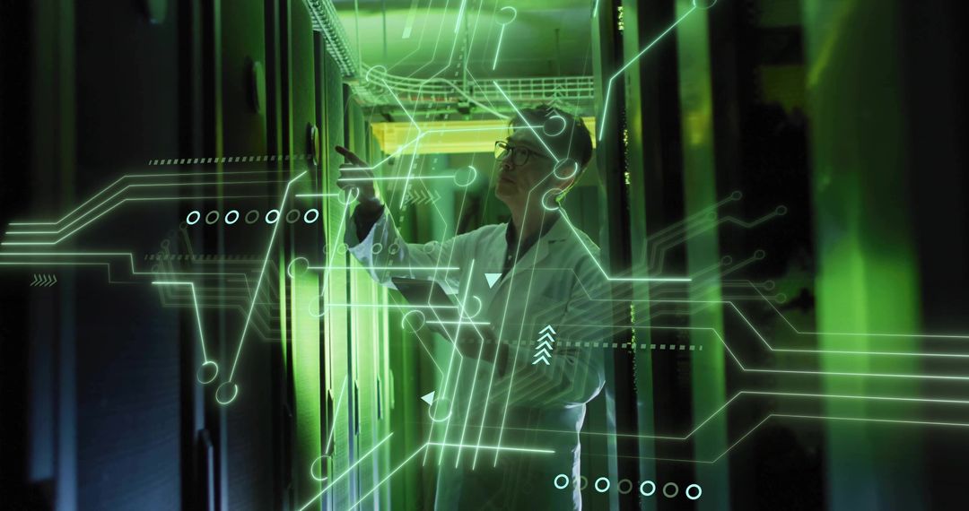 Engineer in High-Tech Data Center with Futuristic Holographic Interface