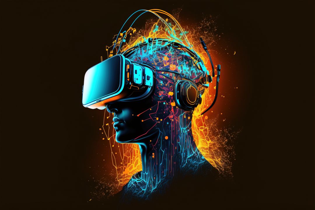 Human head in vr headset with glowing sparks and connections, created using generative ai technology - Free Images, Stock Photos and Pictures on Pikwizard.com