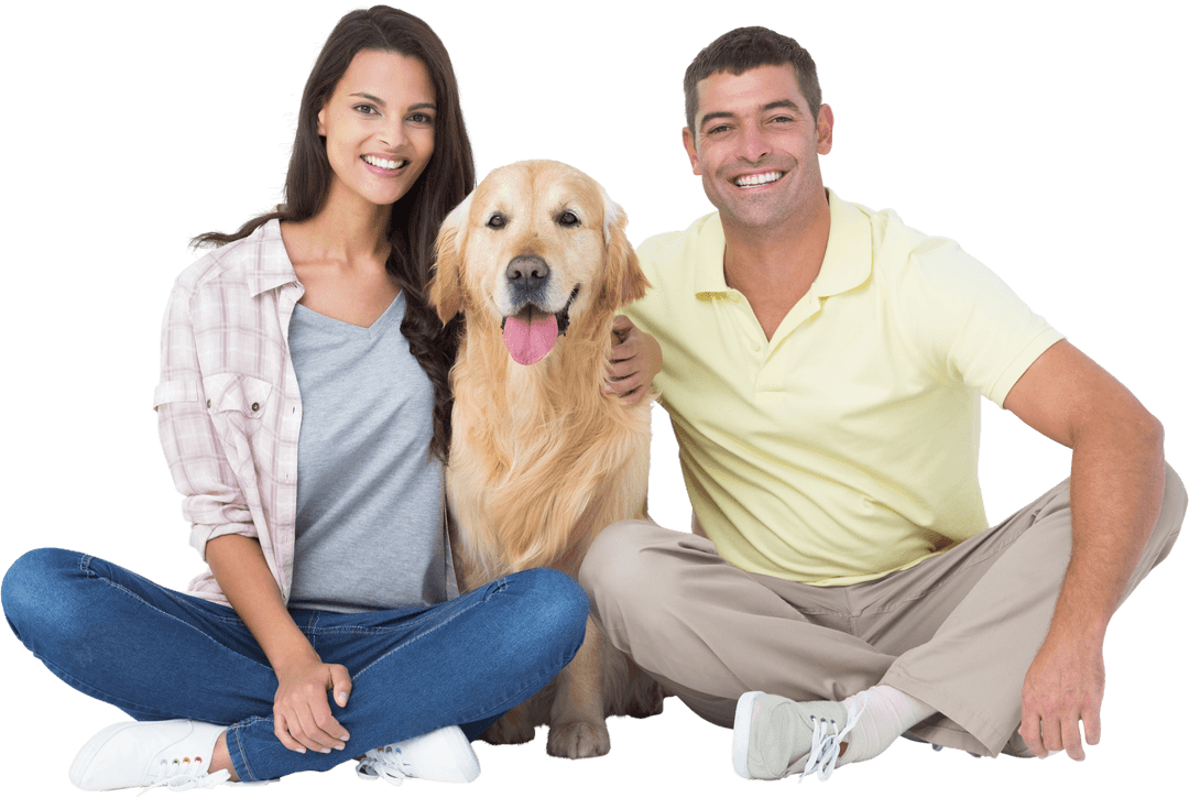 Smiling Couple with Golden Retriever Isolated on Transparent Background