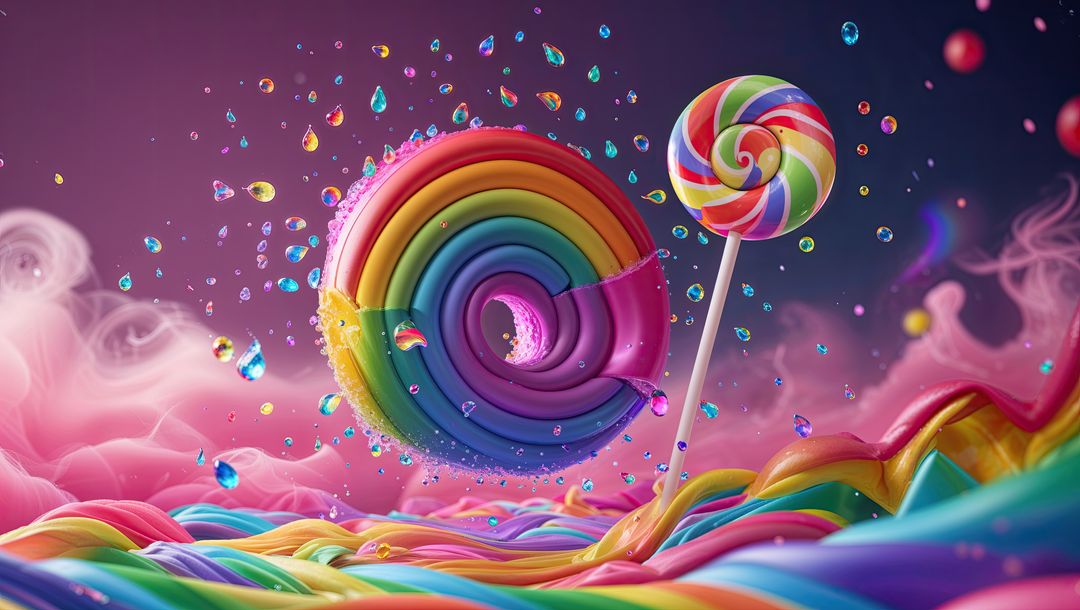 Fantastical Candy Landscape with Floating Rainbow Donuts and Lollipops