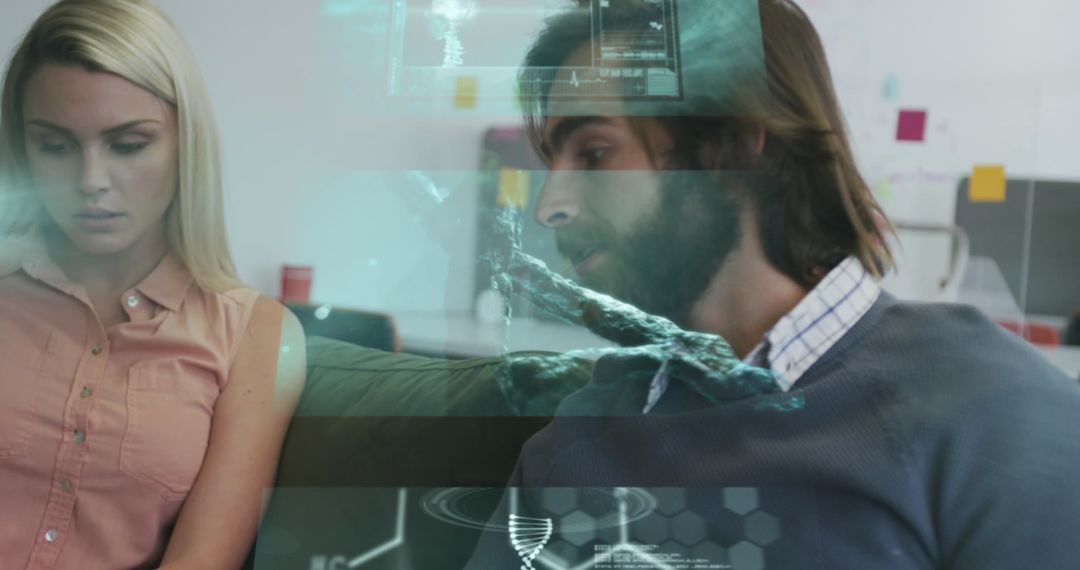 Busy Office with Futuristic Data Layer Interface