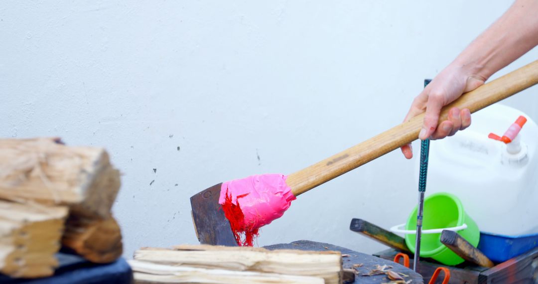 Lumberjack Chopping Wood with Brightly Wrapped Axe