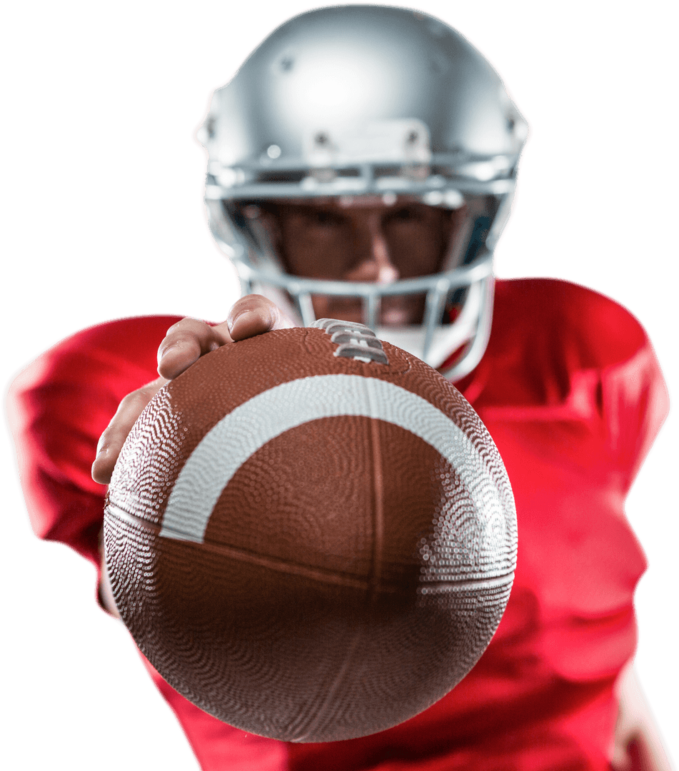 Close-Up of American Football Player in Red Jersey Holding Ball Transparent