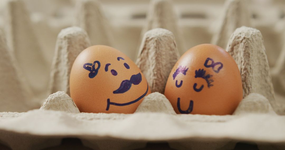 Creative Eggs with Faces in Egg Carton Concept