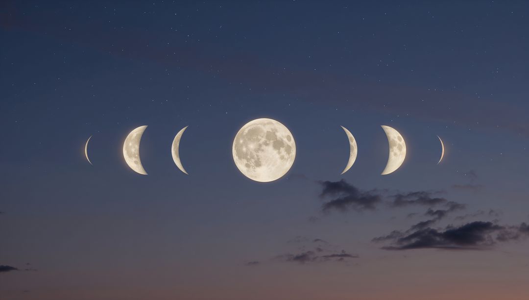 Featuring full moon flanked by crescent and gibbous phase sequence across twilight sky