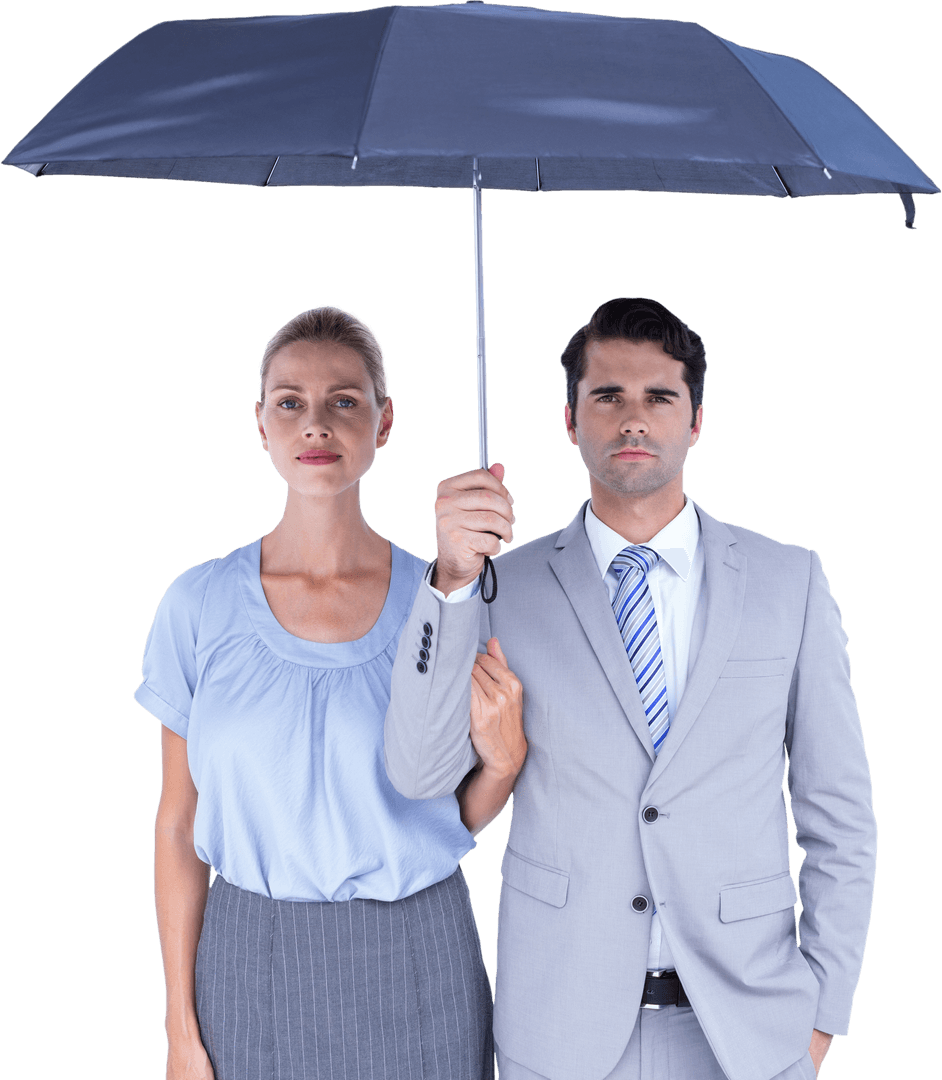 Confident Business Professionals Holding Transparent Black Umbrella