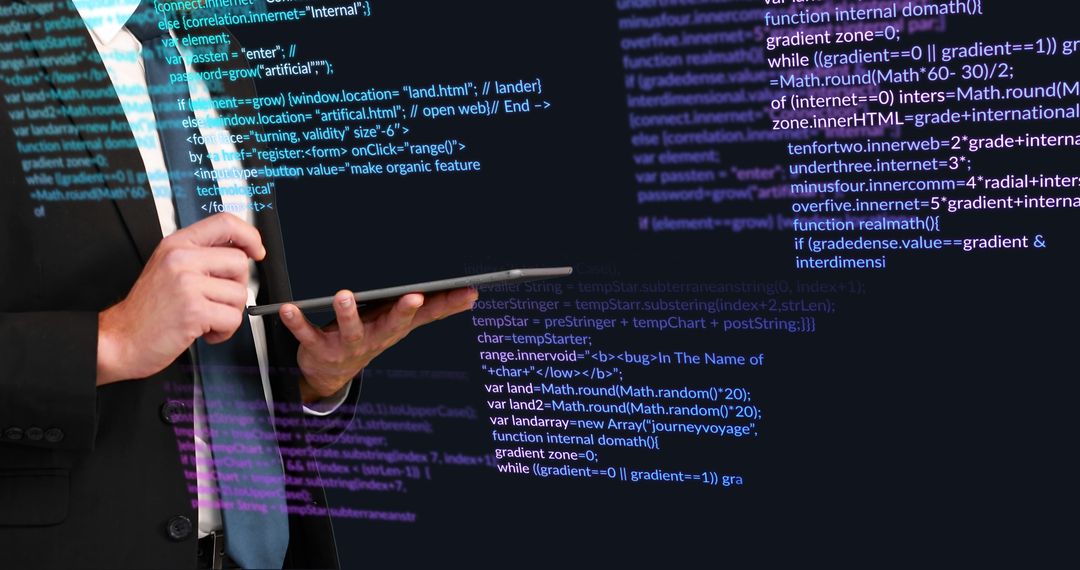 Businessman Analyzing Digital Code with Tablet on Dark Background