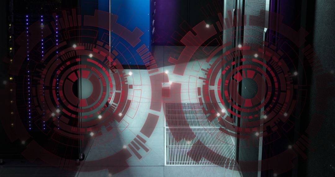 Futuristic Data Server Room with Graphic Interface Overlay