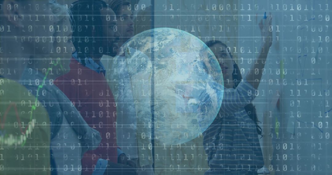 Team Collaborating on Glass Whiteboard with Data and Earth Overlay