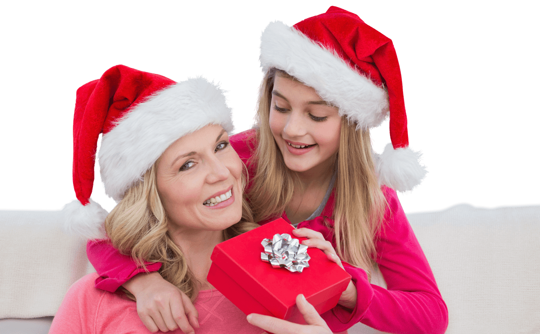Smiling Mother and Daughter in Santa Hats on Transparent Background