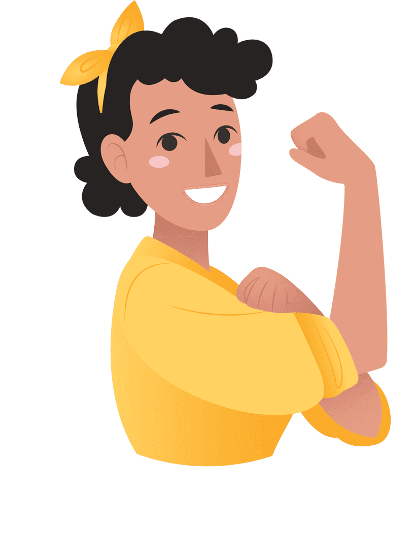 Empowered Smiling Woman Flexing Arm on Transparent Background