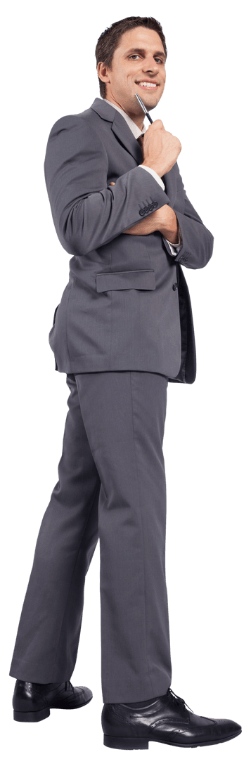 Transparent Thoughtful Businessman Holding Pen