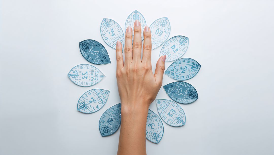Placing Right Hand on Circular Blue Numeric Paper Petals Flatlay for Data and AI Concept