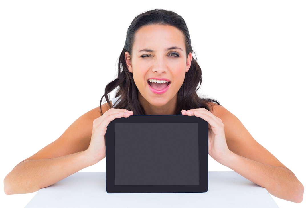 Smiling Brunette Woman with Tablet on Transparent Background - Download Free Stock Images Pikwizard.com