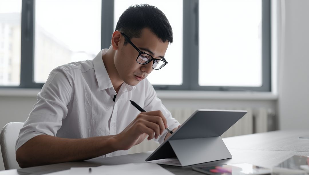 Focused Professional Using Digital Tablet at Workspace with Stylus