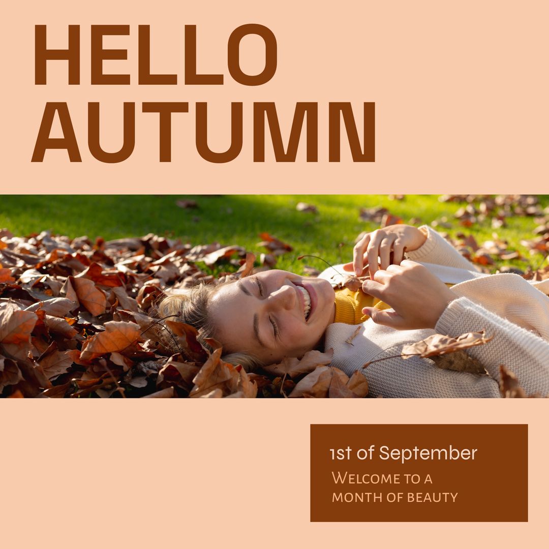 Happy Woman Relaxing on Autumn Leaves Welcoming Fall