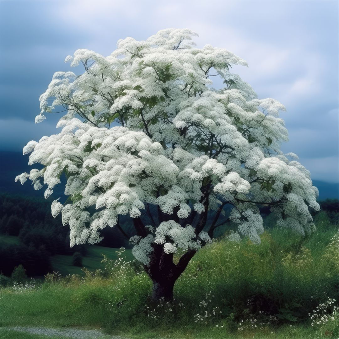 Majestic Elderflower Tree in Bloom on Cloudy Day - Free Images, Stock Photos and Pictures on Pikwizard.com