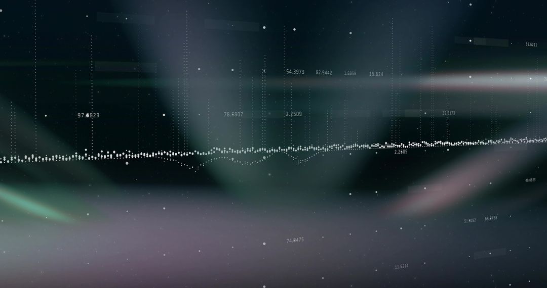 Pulsing dotted waveform across futuristic analytics dashboard neon teal purple gradient