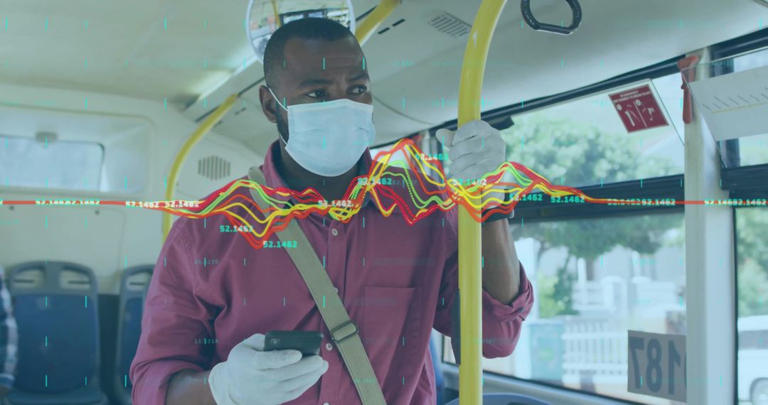 Masked Commuter Analyzing Data on City Bus
