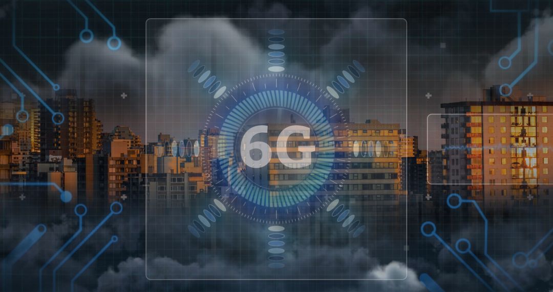 6G Technology Overlaying Urban Cityscape with Digital Circuitry
