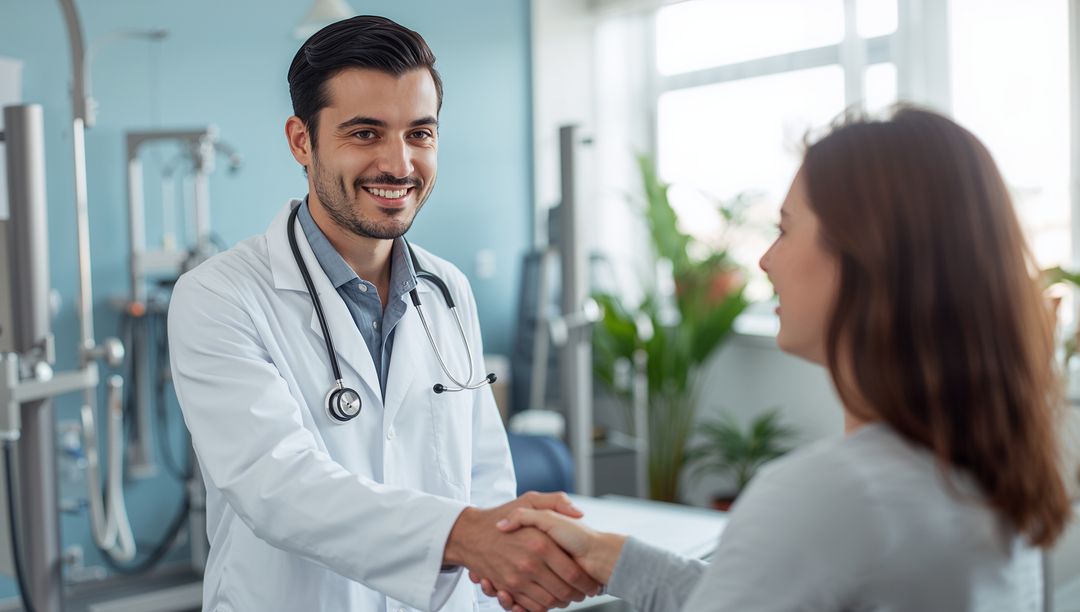 Smiling Doctor Shaking Hands with Patient in a Medical Office