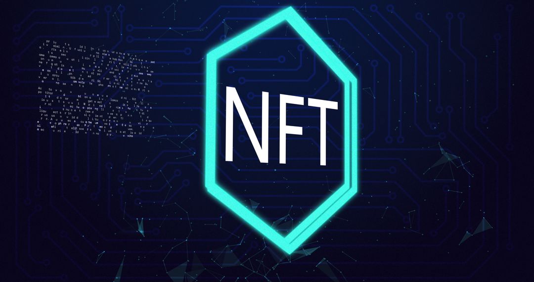 NFT Keyword Illuminated in Neon Hexagon with Digital Circuit Board