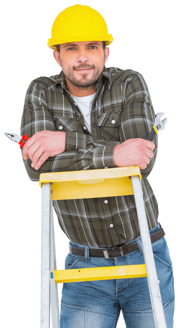 Caucasian Man Wearing Hardhat with Tools on Ladder Transparent Background