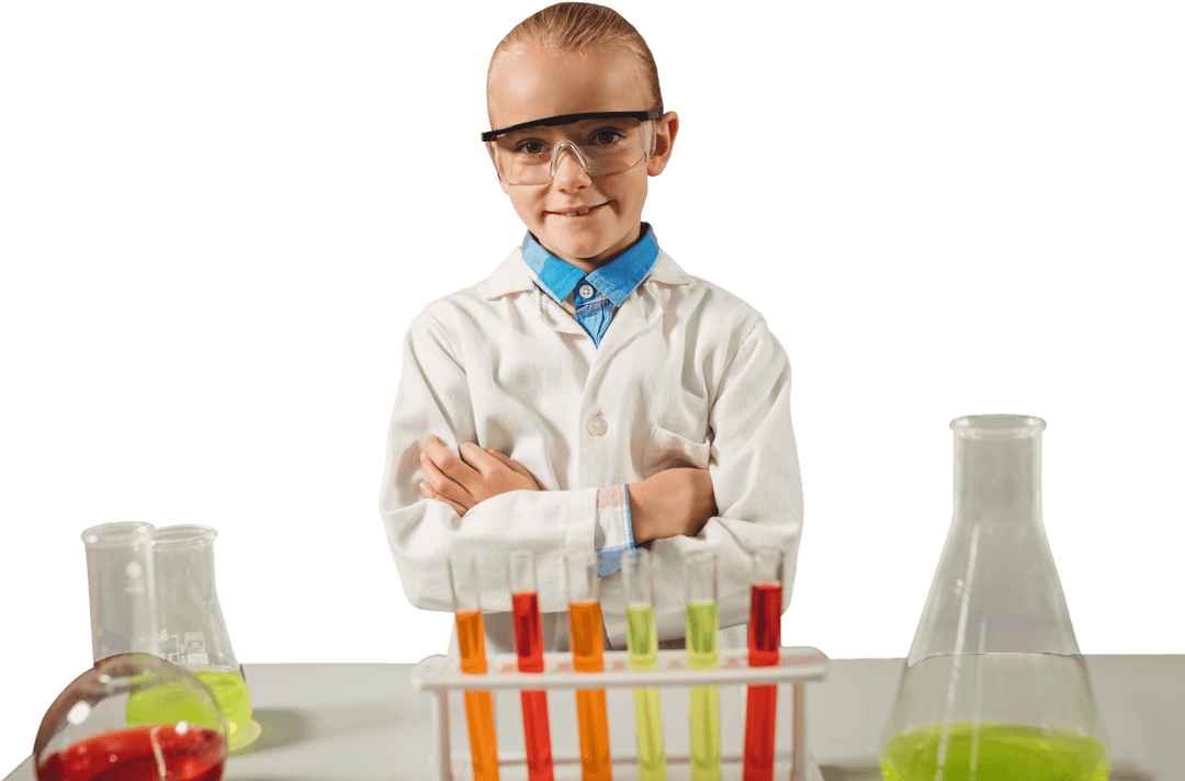 Young Scientist Exploring Chemistry with Colorful Test Tubes - Transparent