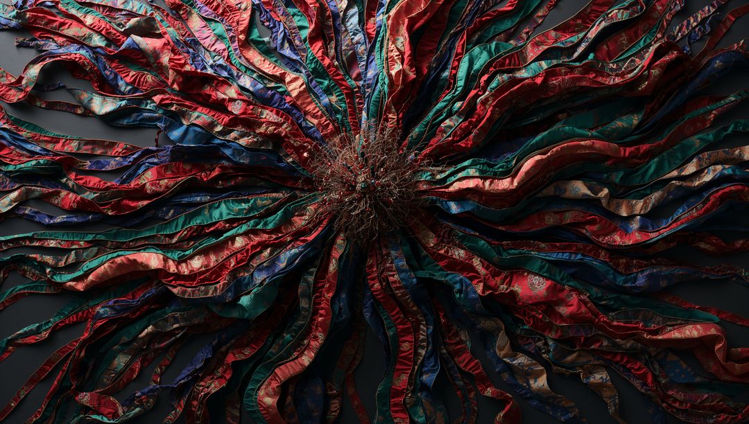 Radiating Brocade Ribbon Mandala Featuring Knotted Center and Metallic Texture