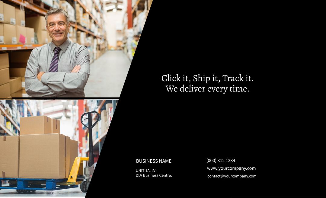 Logistics services with confident businessman in warehouse