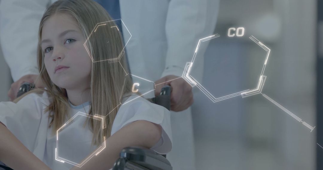 Smiling Child in Wheelchair with Chemical Structures Overlay