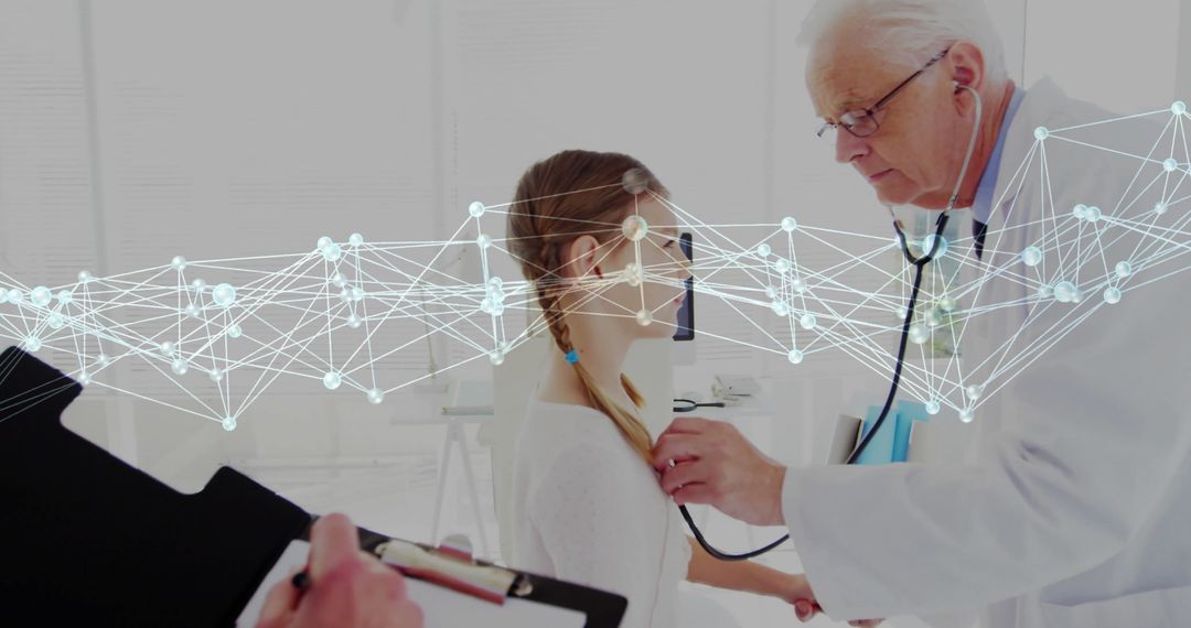 Doctor Examining Young Patient with Digital Network Overlay