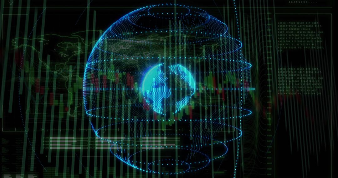 Holographic Rotating Globe Overlaying Virtual Candlestick Chart